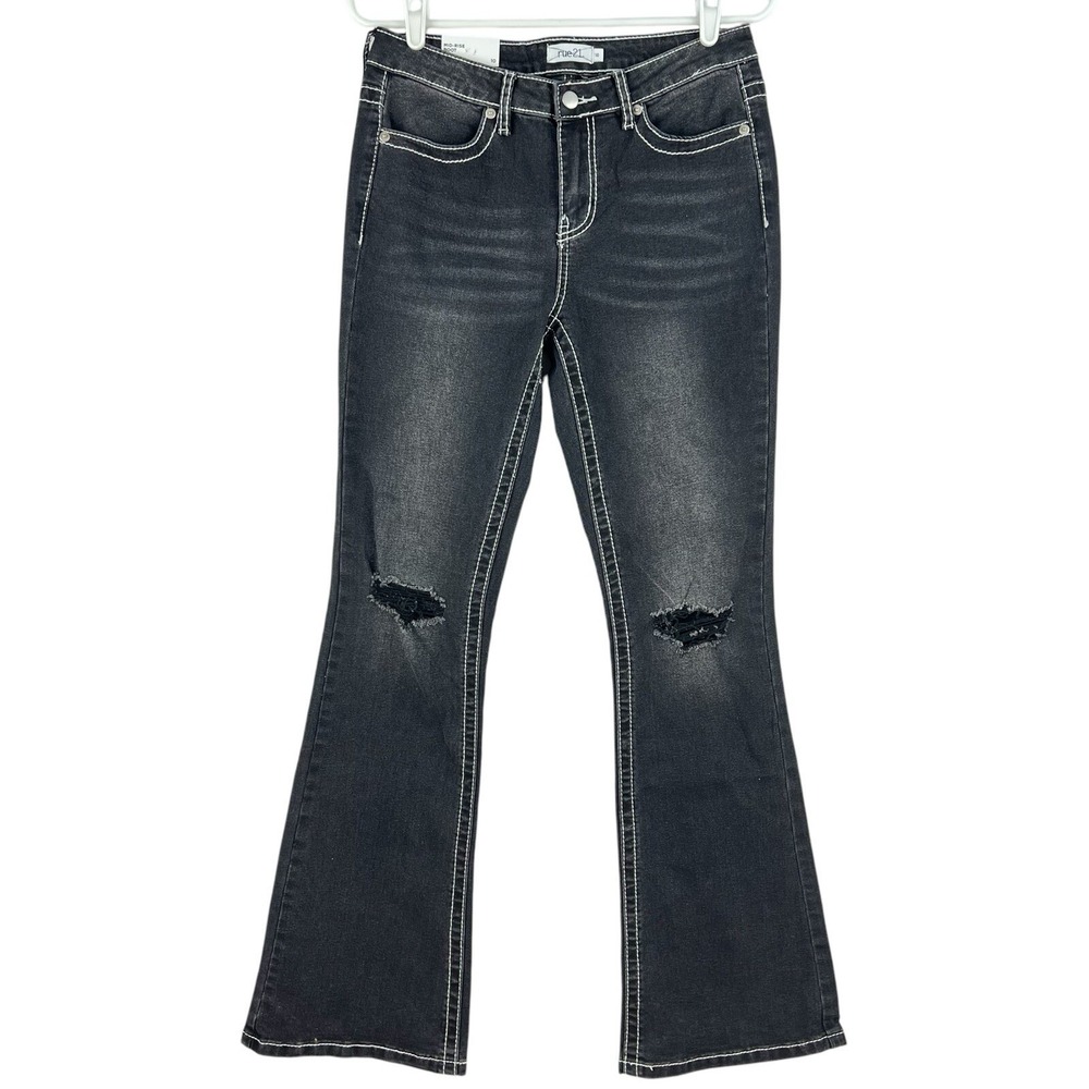 Rue 21 Womens Ultimate Stretch Black Denim Jeans Size 10 Distressed Boot Cut NWT